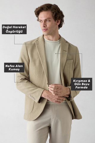  Orta Vizon Techno-Line 7 Drop Slim Fit Dar Kesim Mono Yaka Keten Karışımlı Çizgili Çantalı Esnek Ceket