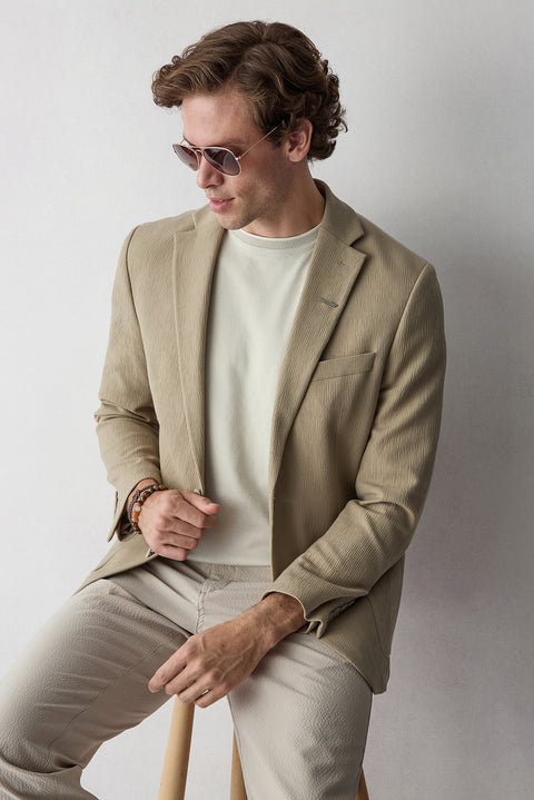 Orta Vizon Techno-Line 7 Drop Slim Fit Dar Kesim Mono Yaka Keten Karışımlı Çizgili Çantalı Esnek Ceket
