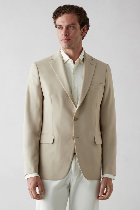 Orta Bej 6 Drop Regular Fit Mono Yaka Düz Polyester Klasik Ceket