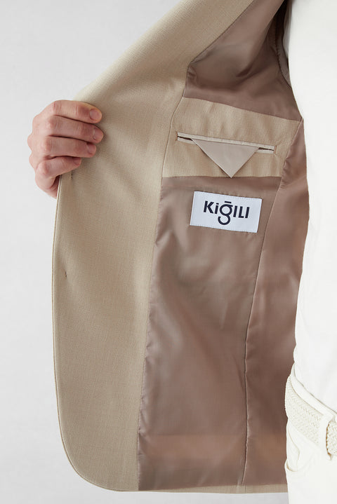 Orta Bej 6 Drop Regular Fit Mono Yaka Düz Polyester Klasik Ceket