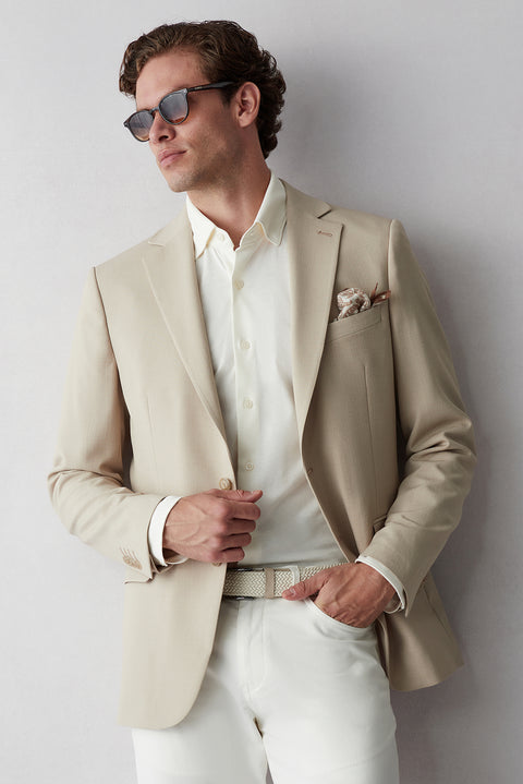 Orta Bej 6 Drop Regular Fit Mono Yaka Düz Polyester Klasik Ceket