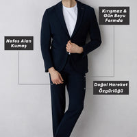 Koyu Lacivert Techno-Line 7 Drop Slim Fit Dar Kesim Çizgili Keten Karışımlı Esnek Klasik Kumaş Pantolon