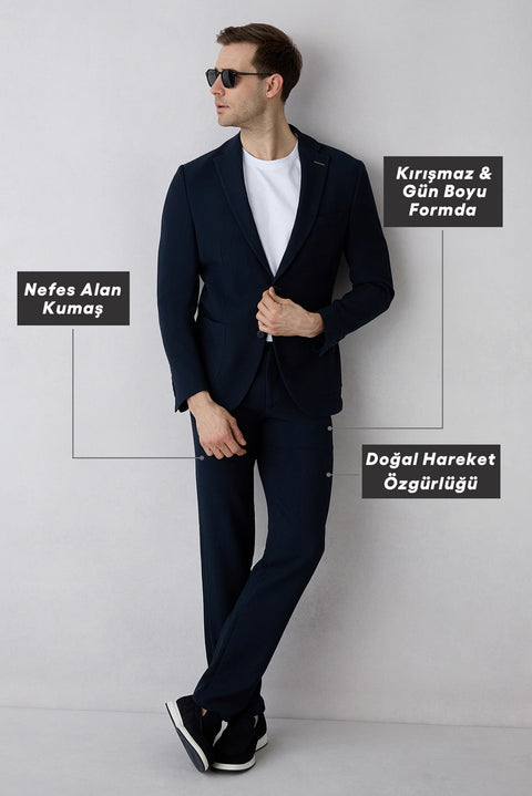 Koyu Lacivert Techno-Line 7 Drop Slim Fit Dar Kesim Çizgili Keten Karışımlı Esnek Klasik Kumaş Pantolon