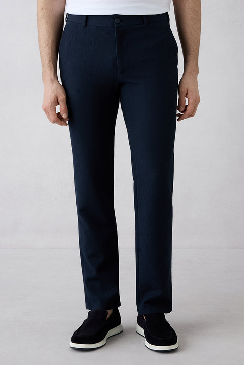 Koyu Lacivert Techno-Line 7 Drop Slim Fit Dar Kesim Çizgili Keten Karışımlı Esnek Klasik Kumaş Pantolon