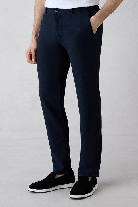 Koyu Lacivert Techno-Line 7 Drop Slim Fit Dar Kesim Çizgili Keten Karışımlı Esnek Klasik Kumaş Pantolon