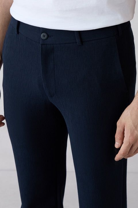 Koyu Lacivert Techno-Line 7 Drop Slim Fit Dar Kesim Çizgili Keten Karışımlı Esnek Klasik Kumaş Pantolon