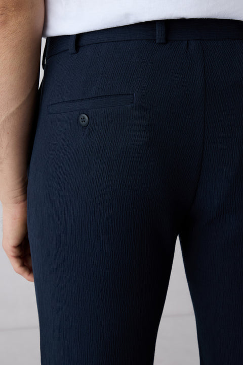 Koyu Lacivert Techno-Line 7 Drop Slim Fit Dar Kesim Çizgili Keten Karışımlı Esnek Klasik Kumaş Pantolon