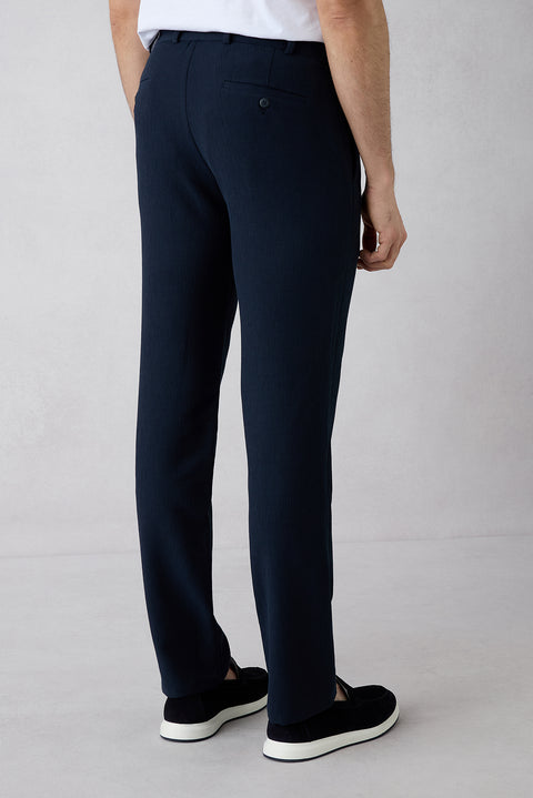 Koyu Lacivert Techno-Line 7 Drop Slim Fit Dar Kesim Çizgili Keten Karışımlı Esnek Klasik Kumaş Pantolon