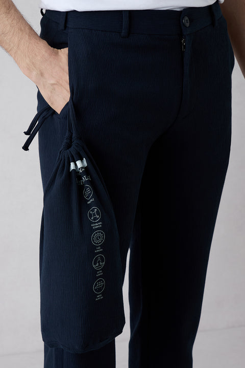 Koyu Lacivert Techno-Line 7 Drop Slim Fit Dar Kesim Çizgili Keten Karışımlı Esnek Klasik Kumaş Pantolon