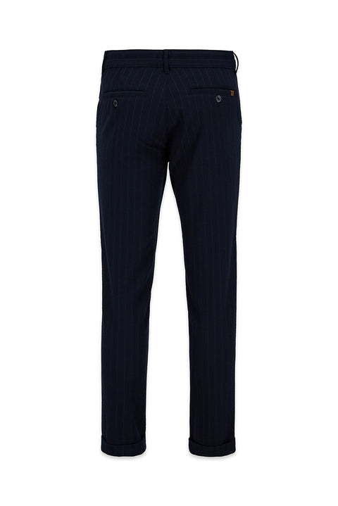 Orta Lacivert Straight Slim Fit Çizgili Likralı Esnek Yan Cepli Kanvas / Chino Pantolon