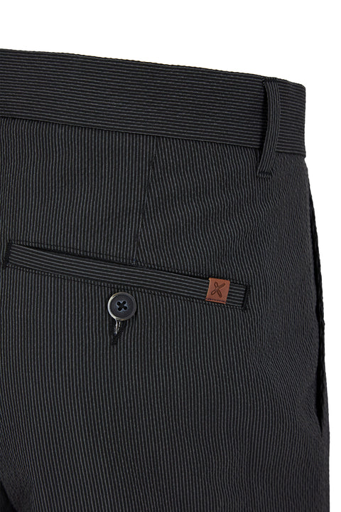 Siyah Tapered Slim Fit Likralı Gofreli Çizgili Kanvas / Chino Pantolon