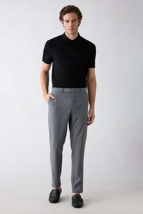 Medium Smoke Straight Slim Fit Striped Stretchy Side Pocket Stretchy Canvas / Chino Trousers