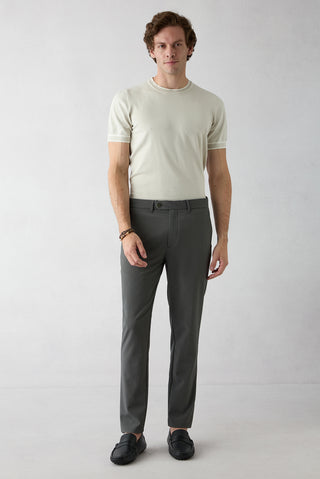  Koyu Haki Tapered Slim Fit Likralı Gofreli Çizgili Kanvas / Chino Pantolon