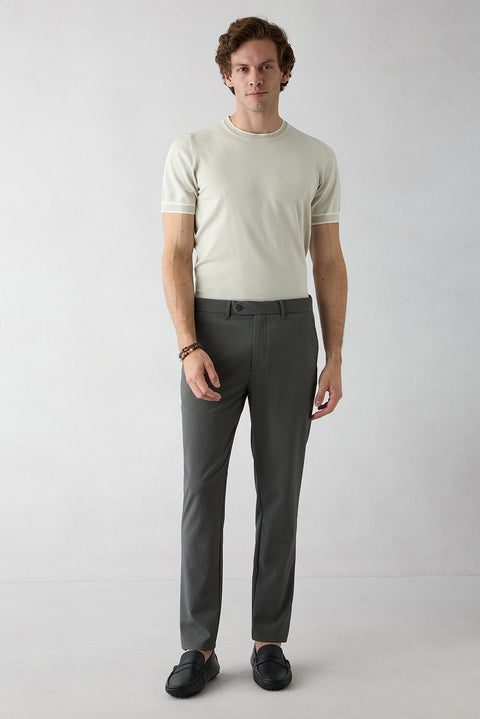 Dark Khaki Tapered Slim Fit Striped Lycra Sports Trousers