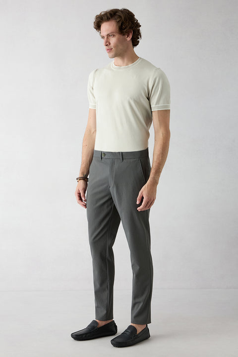 Dark Khaki Tapered Slim Fit Striped Lycra Sports Trousers