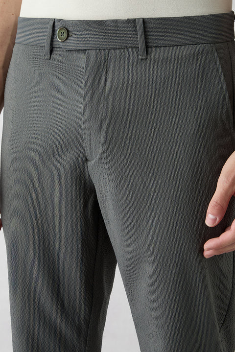 Dark Khaki Tapered Slim Fit Striped Lycra Sports Trousers