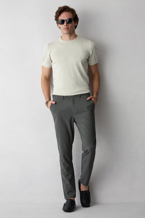 Dark Khaki Tapered Slim Fit Striped Lycra Sports Trousers