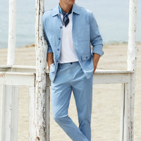Havacı Mavi Tapered Fit Beli Lastikli Çizgili Likralı Yan Cepli Kanvas / Chino Pantolon