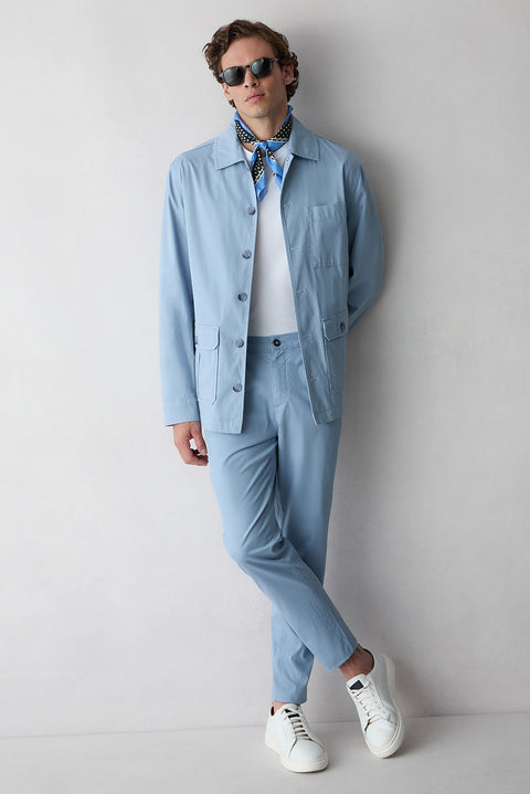 Havacı Mavi Tapered Fit Beli Lastikli Çizgili Likralı Yan Cepli Kanvas / Chino Pantolon