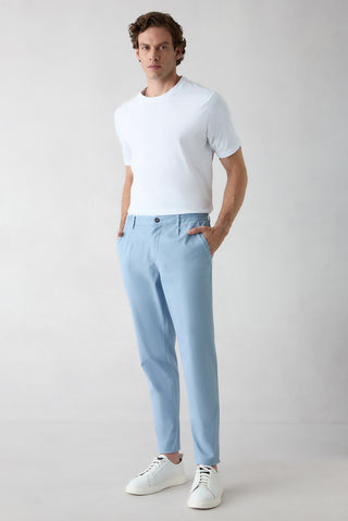  Havacı Mavi Tapered Fit Beli Lastikli Çizgili Likralı Yan Cepli Kanvas / Chino Pantolon