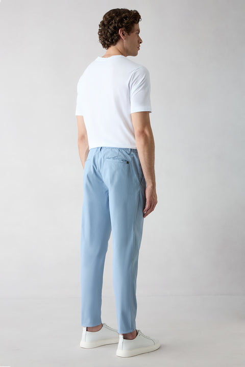 Havacı Mavi Tapered Fit Beli Lastikli Çizgili Likralı Yan Cepli Kanvas / Chino Pantolon