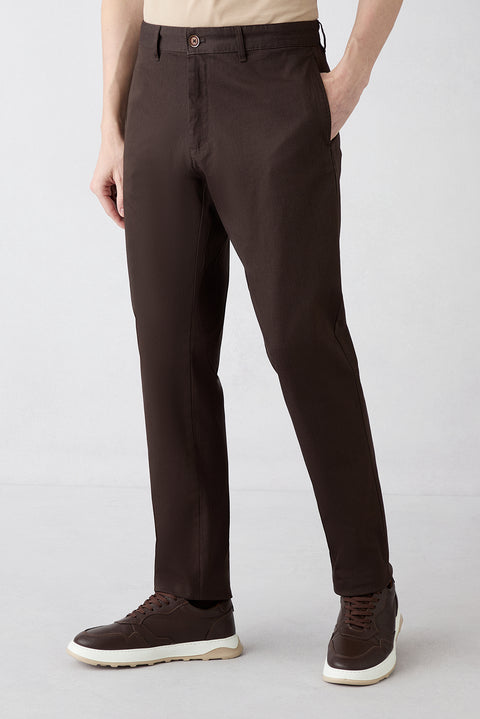 Koyu Kahve Regular Fit Standart Kesim Desenli Yan Cepli Likralı Kanvas / Chino Pantolon