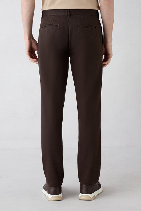 Koyu Kahve Regular Fit Standart Kesim Desenli Yan Cepli Likralı Kanvas / Chino Pantolon