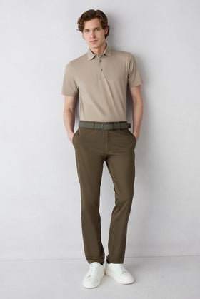 Medium Khaki Regular Fit Standard Cut Patterned Side Pocket Stretchy Canvas / Chino Pants