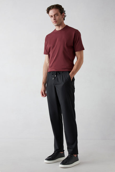 Black Regular Straight Fit Lycra Drawstring Waist Elasticated Sports Trousers
