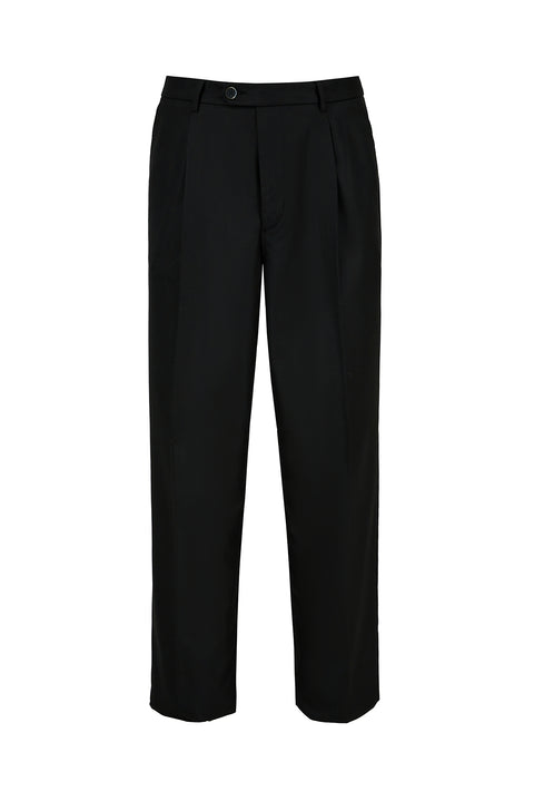 Siyah Straight Wide Leg Yan Cepli Pileli Likralı Kanvas / Chino Pantolon