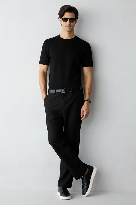 Siyah Straight Relaxed Fit Likralı Esnek Yan Cepli Pantolon