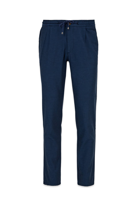 Mid Indigo Regular Straight Fit Elasticated Drawstring Pleated Lycra Jogger Trousers