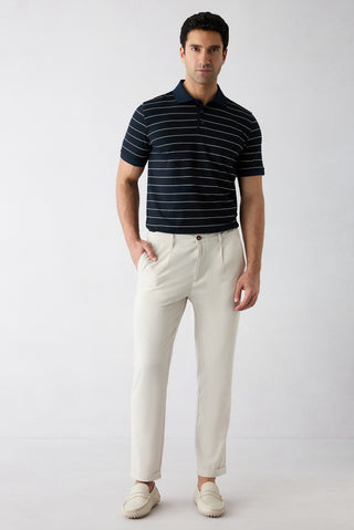  Krem Tapered Fit Keten Karışımlı Yan Cepli Pileli Kanvas / Chino Pantolon