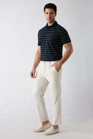  Krem Tapered Fit Keten Karışımlı Yan Cepli Pileli Kanvas / Chino Pantolon
