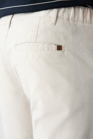  Krem Tapered Fit Keten Karışımlı Yan Cepli Pileli Kanvas / Chino Pantolon
