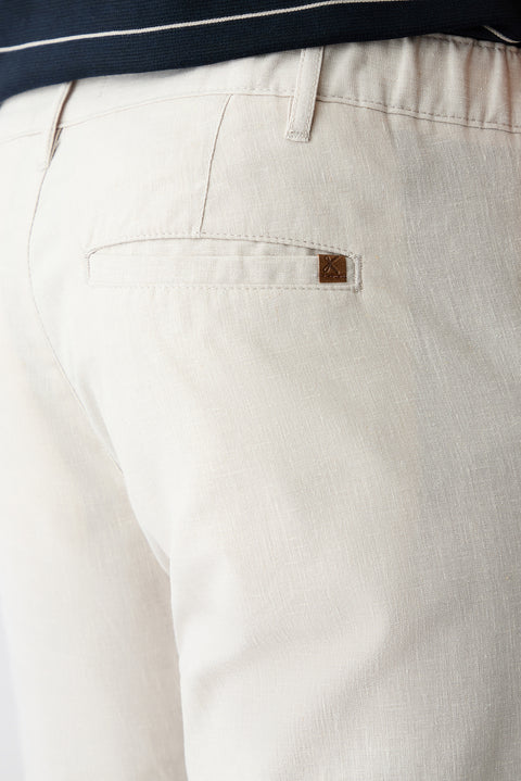 Krem Tapered Fit Keten Karışımlı Yan Cepli Pileli Kanvas / Chino Pantolon