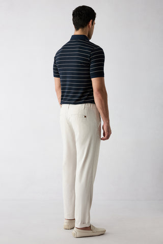  Krem Tapered Fit Keten Karışımlı Yan Cepli Pileli Kanvas / Chino Pantolon