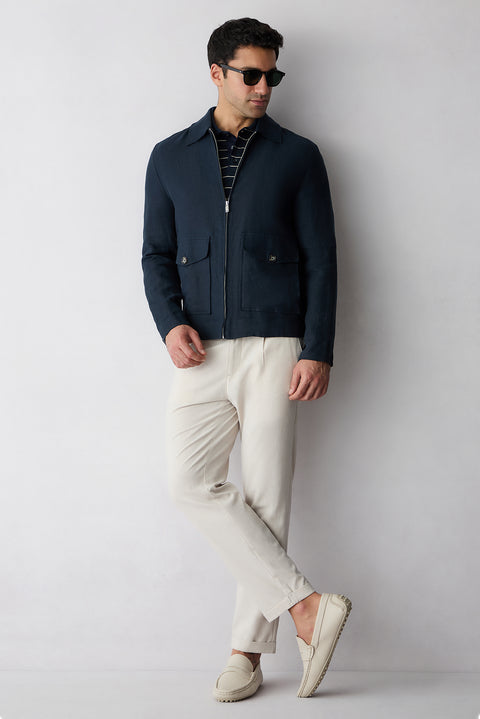 Krem Tapered Fit Keten Karışımlı Yan Cepli Pileli Kanvas / Chino Pantolon