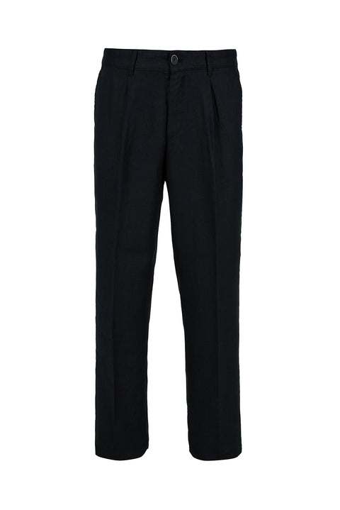 Siyah Straight Wide Leg Pileli Yan Cepli %100 Keten Pantolon