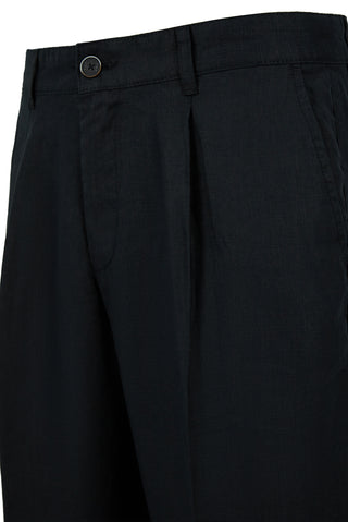 Siyah Straight Wide Leg Pileli Yan Cepli %100 Keten Pantolon