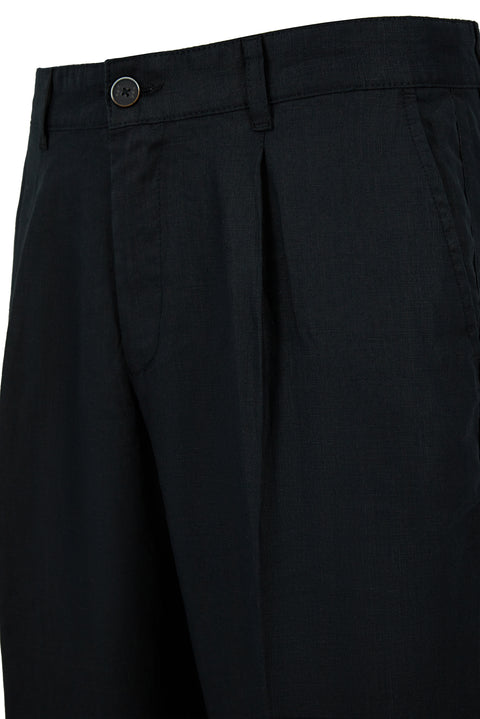Siyah Straight Wide Leg Pileli Yan Cepli %100 Keten Pantolon