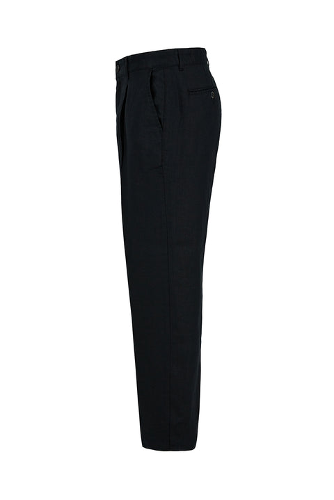 Siyah Straight Wide Leg Pileli Yan Cepli %100 Keten Pantolon