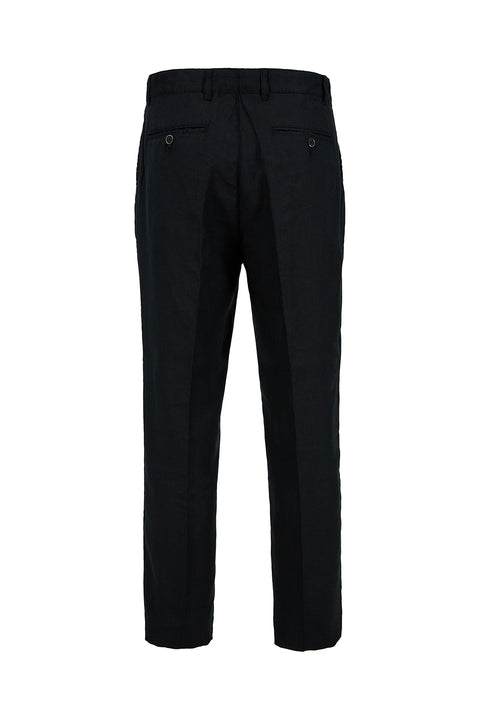 Siyah Straight Wide Leg Pileli Yan Cepli %100 Keten Pantolon