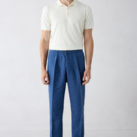 Orta Lacivert Straight Wide Leg Yan Cepli %100 Keten Pantolon