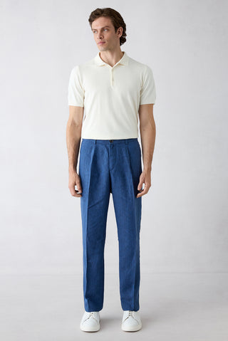  Orta Lacivert Straight Wide Leg Yan Cepli %100 Keten Pantolon