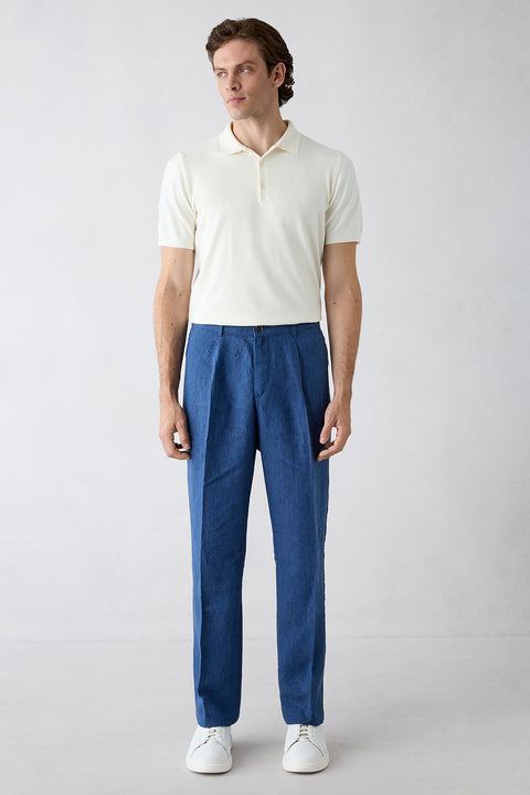 Orta Lacivert Straight Wide Leg Yan Cepli %100 Keten Pantolon