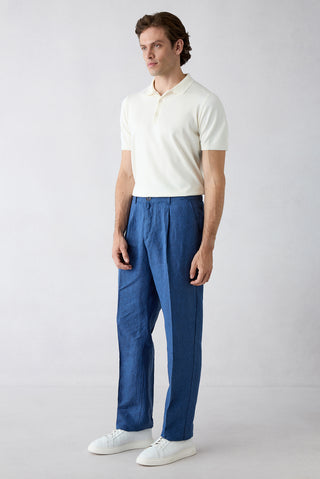  Orta Lacivert Straight Wide Leg Yan Cepli %100 Keten Pantolon