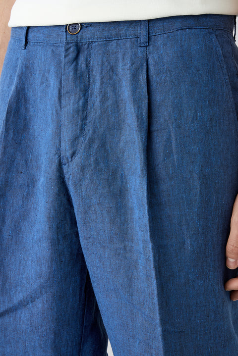 Orta Lacivert Straight Wide Leg Yan Cepli %100 Keten Pantolon