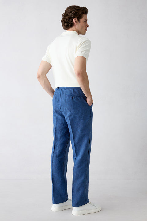 Orta Lacivert Straight Wide Leg Yan Cepli %100 Keten Pantolon