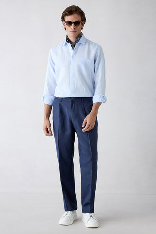  Koyu Lacivert Straight Wide Leg Yan Cepli %100 Keten Pantolon